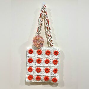 Handmade Crochet Floral Tote Bag - White and Orange